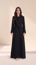 The Buthaina Wide Shawl Collar Abaya, in Black, front view