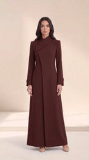 The Kholoud Asymmetric Fold Collar Abaya, in Burgundy, front view