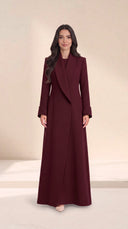 The Buthaina Wide Shawl Collar Abaya, in Burgundy, front view