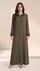 The Fareeda Beaded Branch Neckline Abaya, in Green, front view