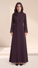 The Nouran Lattice Cutout Cuff Abaya, in Dark Purple, front view