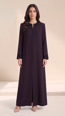 The Fareeda Beaded Branch Neckline Abaya, in Dark Purple, front view