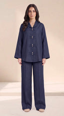 The Zakiya Pearl Frog Fastening Set, in Navy, front view