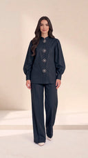 The Kaltham Pearl Flower Button Set, in Navy, front view
