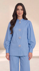 The Kaltham Pearl Flower Button Set, in Blue, front view