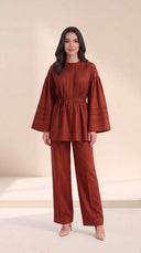 The Maysoon Pintuck Tie Waist Set, in Burnt Orange, front view