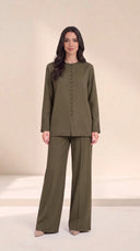 The Balqees Covered Button Front Set, in Green, front view