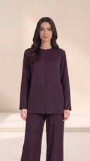 The Balqees Covered Button Front Set, in Dark Purple, front view