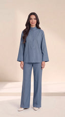 The Nafisa Bib Front Placket Set, in Blue, front view
