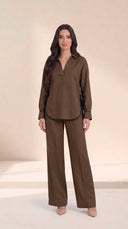 The Dalal Piped Side-Tie Hem Set, in Mocha Brown, front view