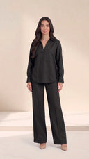 The Dalal Piped Side-Tie Hem Set, in Black, front view