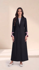 The Hadiya Ruffled Bow Cuff Abaya, in Black, front view