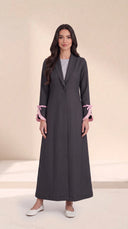 The Hadiya Ruffled Bow Cuff Abaya, in Grey, front view