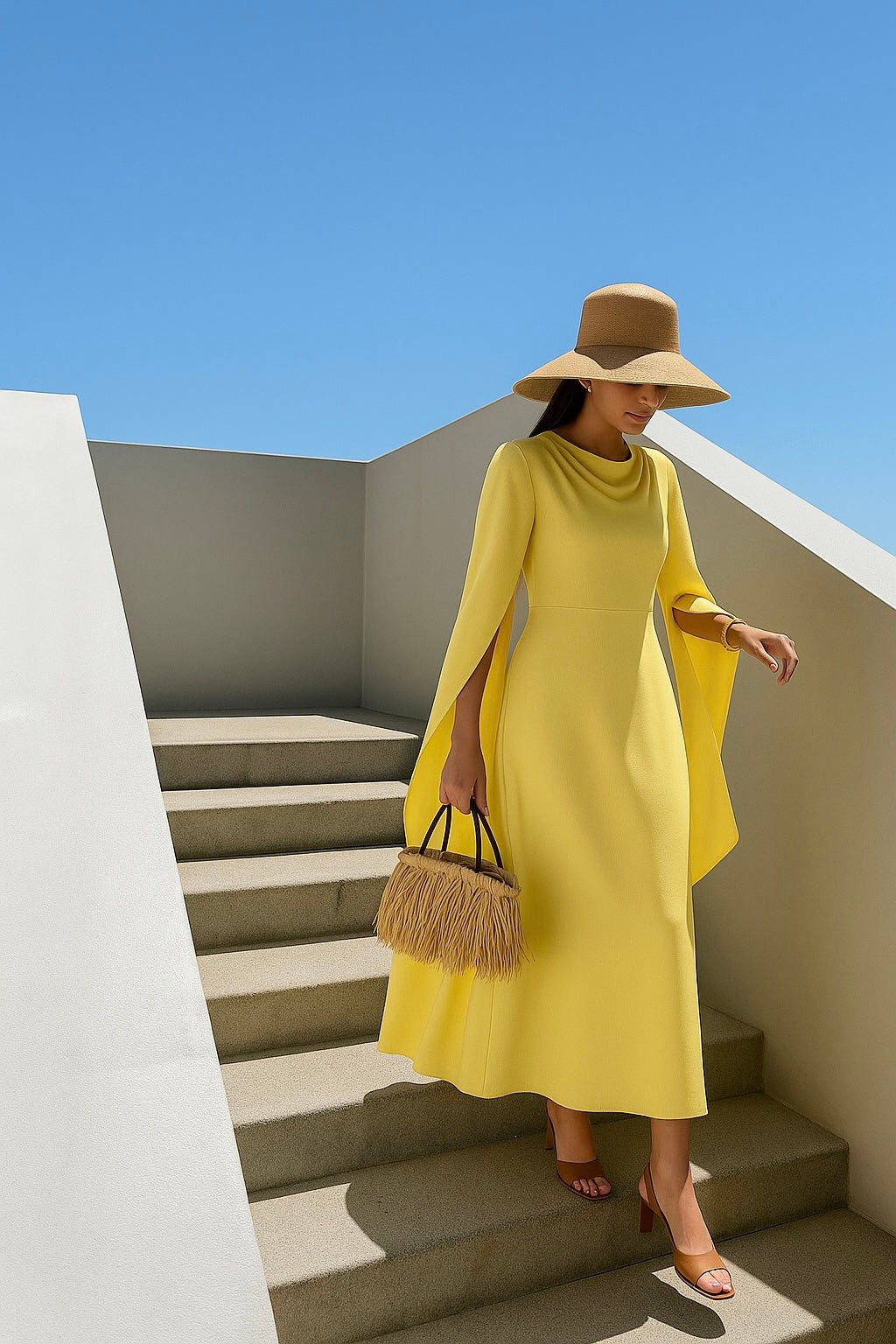pastel yellow modest dress Bow Elastic Waist Dress