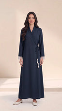 The Hawra Side-Tie Wrap Abaya, in Navy, front view