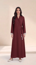 The Hawra Side-Tie Wrap Abaya, in Burgundy, front view