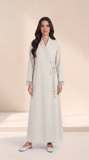 The Hawra Side-Tie Wrap Abaya, in Off White, front view