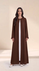 The Zeina Pom-Pom Cuff Abaya, in Mocha Brown, front view
