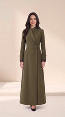 The Areen Asymmetric Lapel Wrap Abaya, in Green, front view