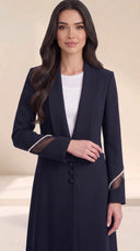The Asala Pearl-Trim Sheer Cuff Abaya, in Navy, front view
