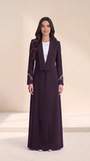 The Asala Pearl-Trim Sheer Cuff Abaya, in Dark Purple, front view