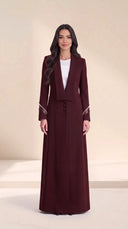 The Asala Pearl-Trim Sheer Cuff Abaya, in Burgundy, front view