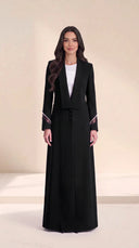 The Asala Pearl-Trim Sheer Cuff Abaya, in Black, front view