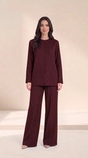 The Balqees Covered Button Front Set, in Burgundy, front view