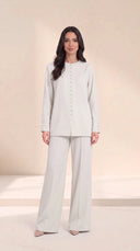 The Balqees Covered Button Front Set, in Off White, front view