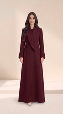 The Buthaina Wide Shawl Collar Abaya, in Burgundy, front view