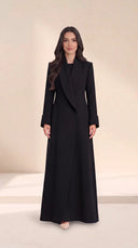 The Buthaina Wide Shawl Collar Abaya, in Black, front view