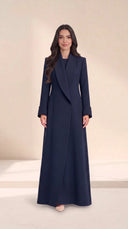 The Buthaina Wide Shawl Collar Abaya, in Navy, front view