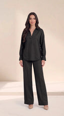 The Dalal Piped Side-Tie Hem Set, in Black, front view