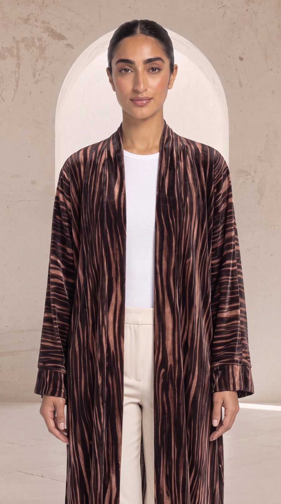 The Doha Brown Banded Open Front Abaya