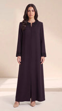 The Fareeda Beaded Branch Neckline Abaya, in Dark Purple, front view
