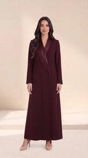 The Fatin Fringed Shawl Lapel Abaya, in Burgundy, front view