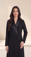 The Fatin Fringed Shawl Lapel Abaya, in Black, front view