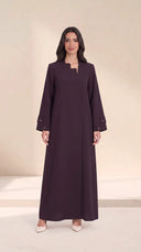 The Ghalia Asymmetric Step Neck Abaya, in Dark Purple, front view