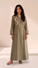 The Hajar Floral Embroidered Linen Blend Wrap Abaya - TAL by The Abaya Lab