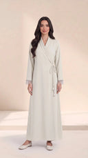 The Hawra Side-Tie Wrap Abaya, in Off White, front view
