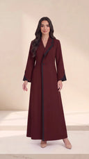 The Joumana Contrast Notch Lapel Abaya, in Burgundy, front view