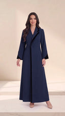 The Joumana Contrast Notch Lapel Abaya, in Navy, front view