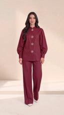 The Kaltham Pearl Flower Button Set, in Burgundy, front view