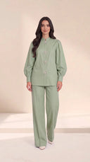 The Kaltham Pearl Flower Button Set, in Sage, front view