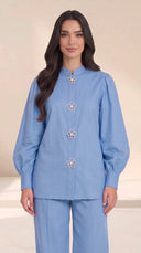 The Kaltham Pearl Flower Button Set, in Blue, front view