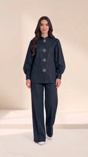 The Kaltham Pearl Flower Button Set, in Navy, front view
