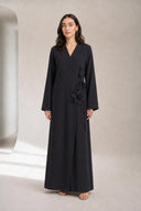 The Kareema 3D Floral Wrap Abaya, in Black, front view