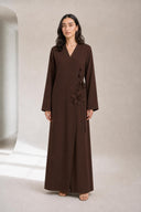The Kareema 3D Floral Wrap Abaya, in Mocha Brown, front view