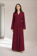 The Kareema 3D Floral Wrap Abaya, in Burgundy, front view