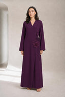 The Kareema 3D Floral Wrap Abaya, in Dark Purple, front view